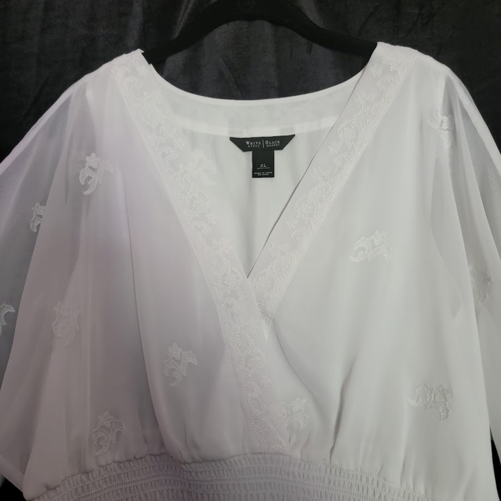 White House Black Market White V-Neck Smocked Waist Blouse - Picture 7 of 11